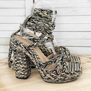 INC International Concepts Cambri Braided Ankle Wrap Block Heel Sandal Tan Black